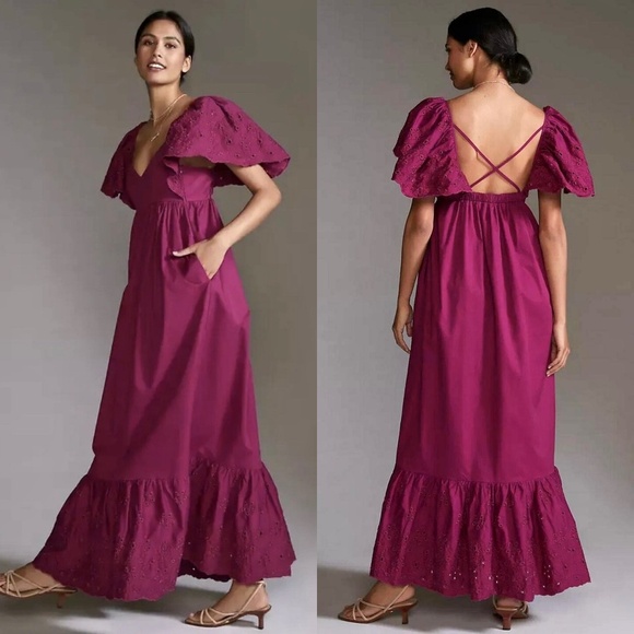 ANTHROPOLOGIE EN SAISON Barnette Eyelet Flutter Sleeve Maxi Dress -EUC! - S - Picture 1 of 15